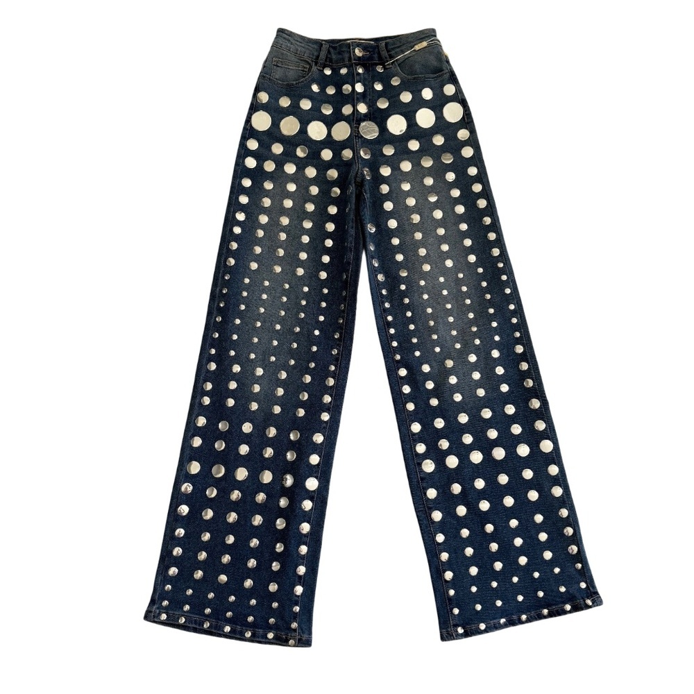 Dark Wash Wide Leg Jeans with Silver Mirror Dot Detail